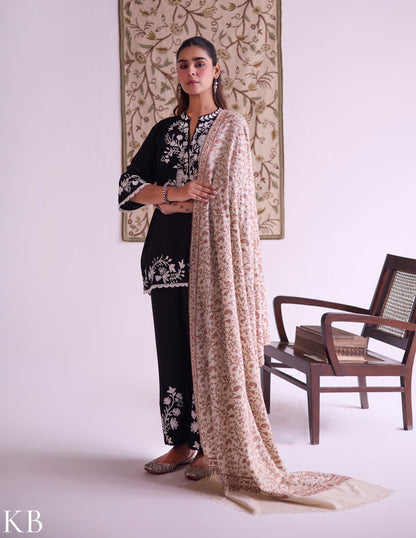 Kashmiri Handwoven Pashmina Sozni Shawl – Off White Jaaldar | Handwoven Heritage