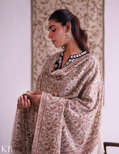 Kashmiri Handwoven Pashmina Sozni Shawl – Off White Jaaldar | Handwoven Heritage