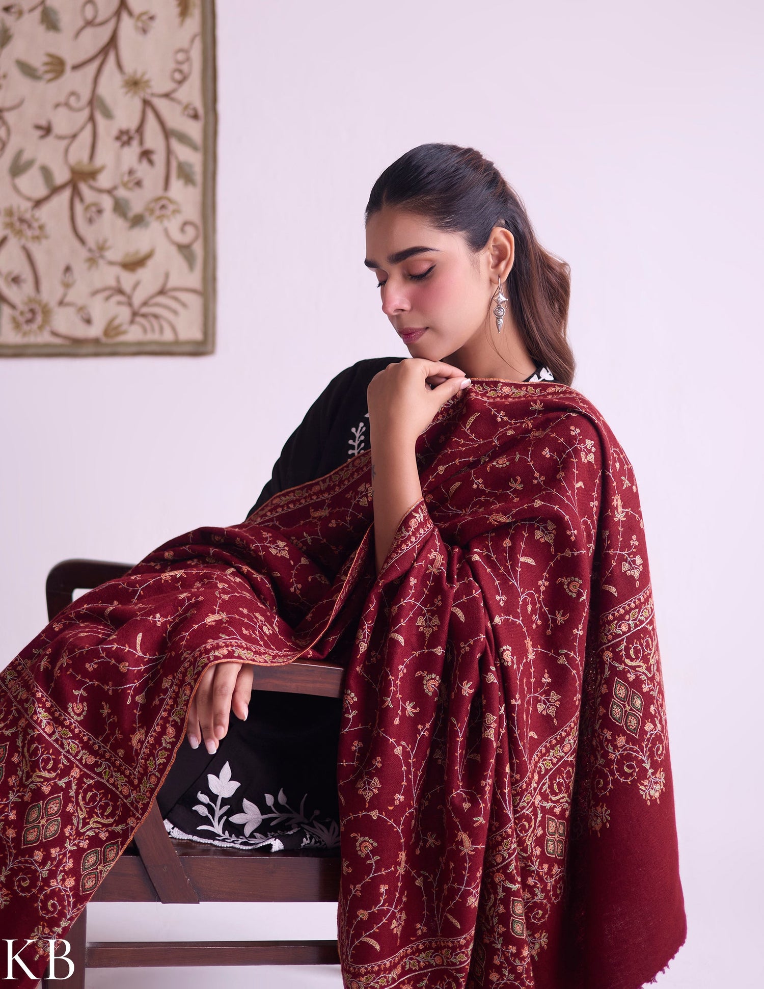 Kashmiri Handwoven Pashmina Jaali Sozni Shawl – Maroon | Handwoven Heritage