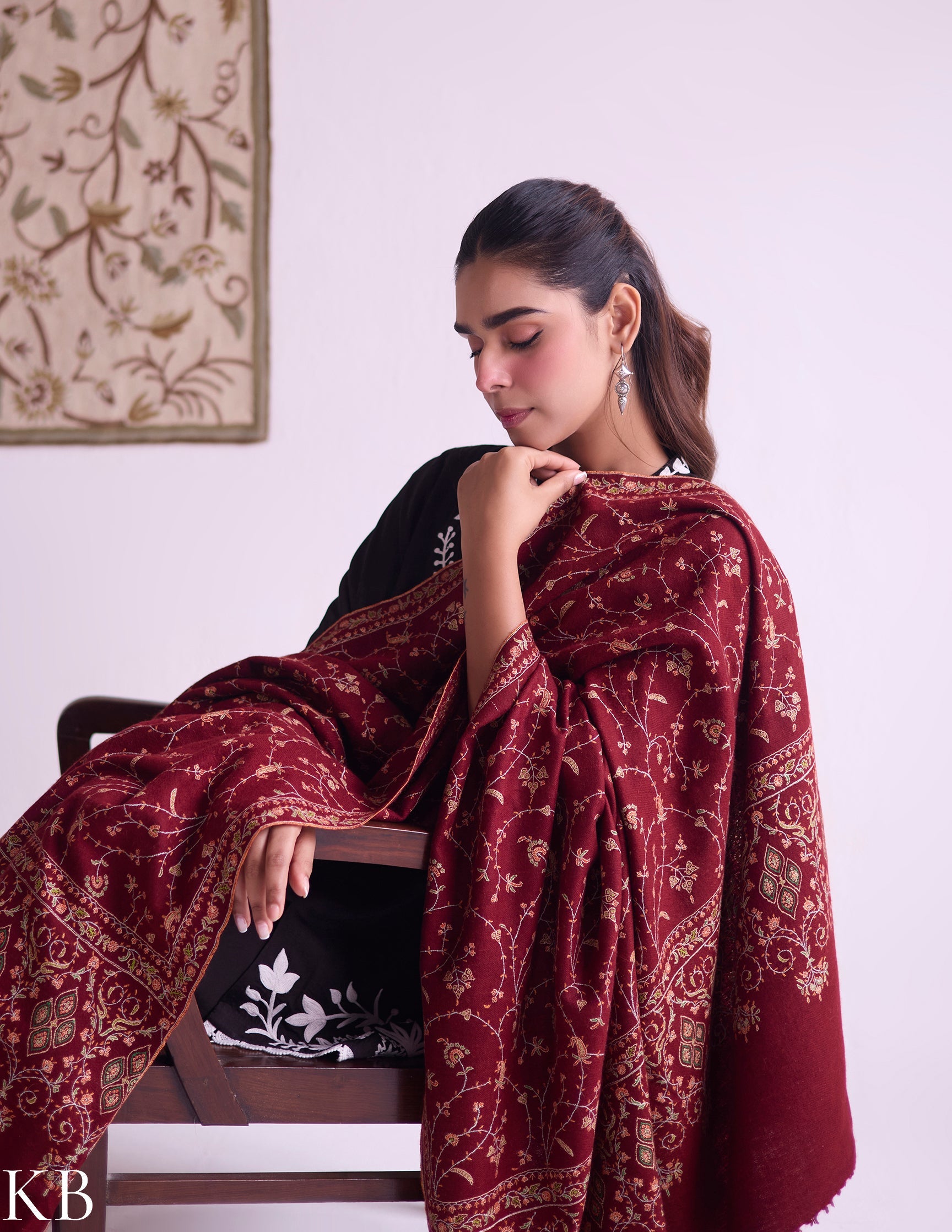 Kashmiri Handwoven Pashmina Jaali Sozni Shawl – Maroon | Handwoven Heritage
