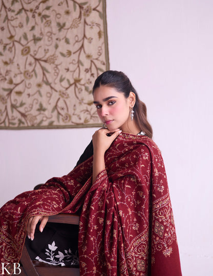 Kashmiri Handwoven Pashmina Jaali Sozni Shawl – Maroon | Handwoven Heritage