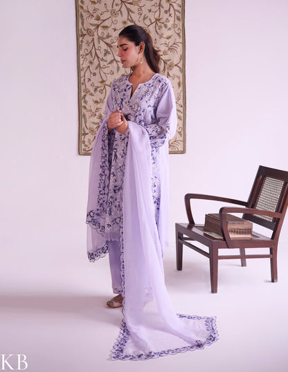 Lilac Cotton Satin Suit Set with Fine Aari Embroidery &amp; Organza Dupatta — Bulbul Collection | Kashmiri Summer Festive Wear - Kashmir Box