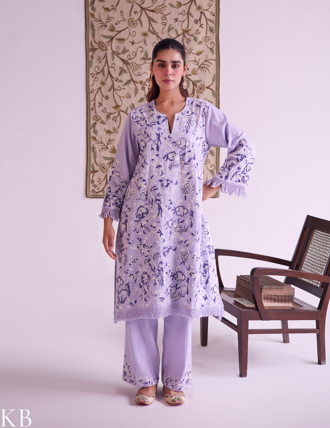 Lilac Cotton Satin Suit Set with Fine Aari Embroidery & Organza Dupatta — Bulbul Collection | Kashmiri Summer Festive Wear - Kashmir Box