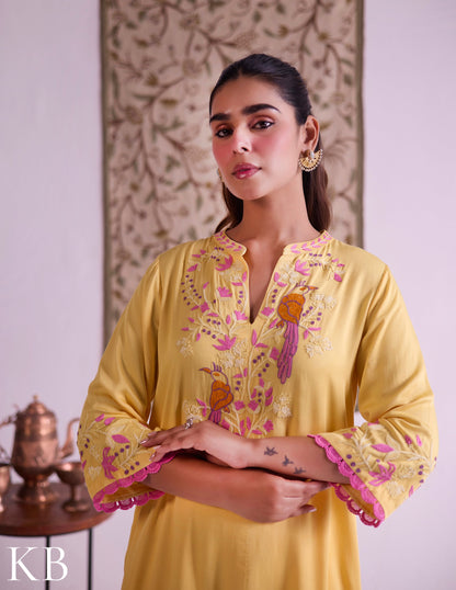 Mustard–Pink Modal Satin Coord Set with Fine Aari Embroidery — Bulbul Collection | Kashmiri Summer Festive Wear - Kashmir Box