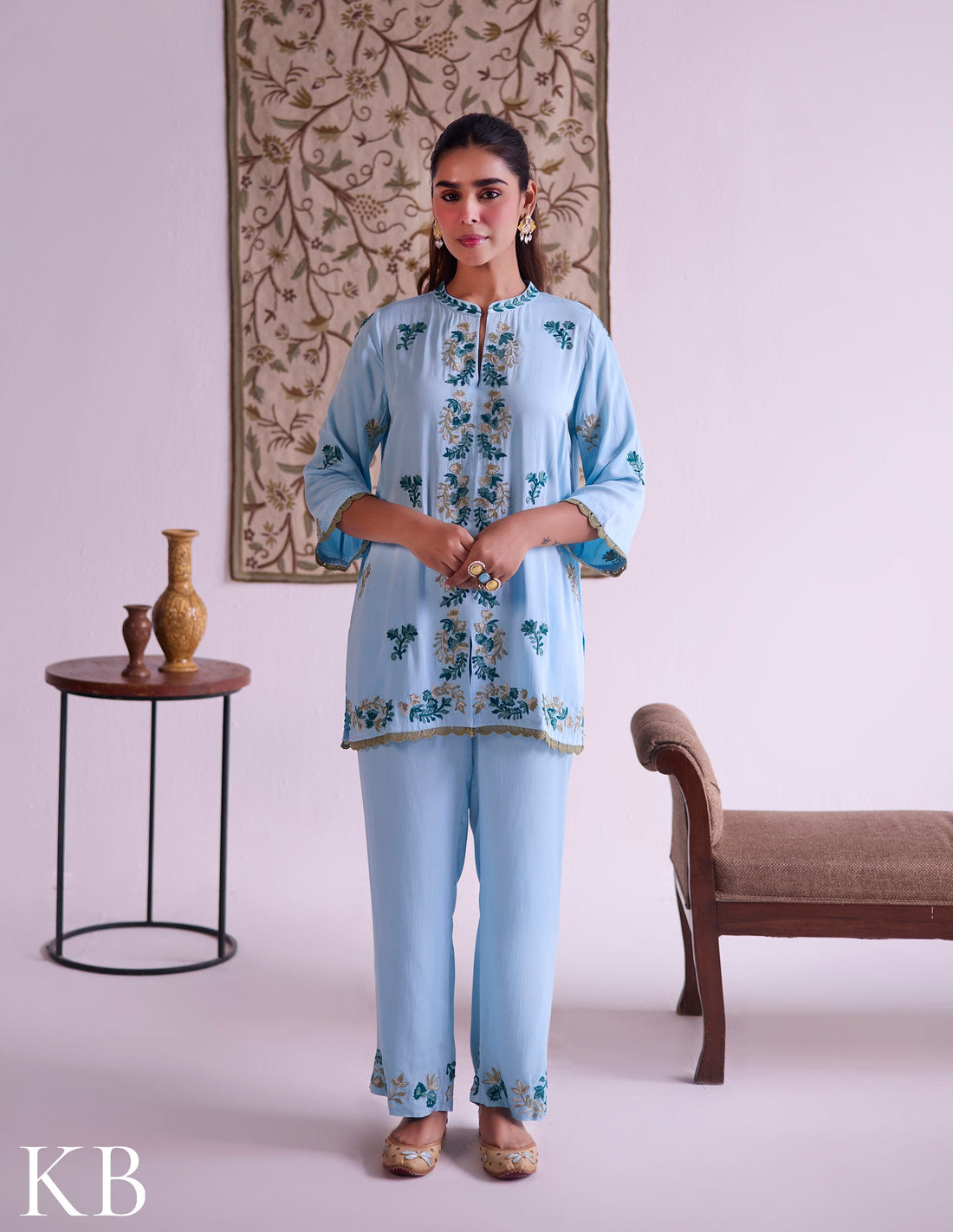 Sea-Blue Modal Satin Coord Set with Fine Aari Embroidery — Bulbul Collection | Kashmiri Summer Festive Wear - Kashmir Box