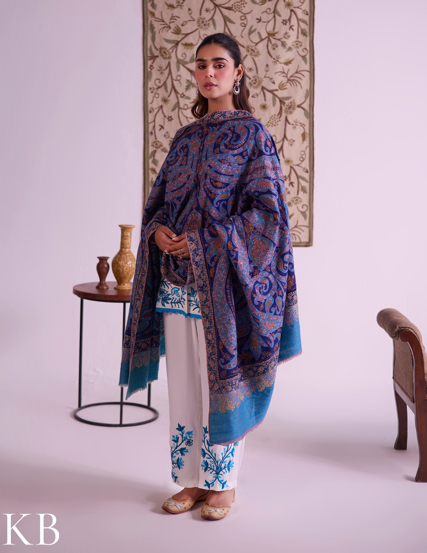 Kashmiri Handwoven Pashmina Jamawar Sozni Shawl – Blue Paisley | Handwoven Heritage