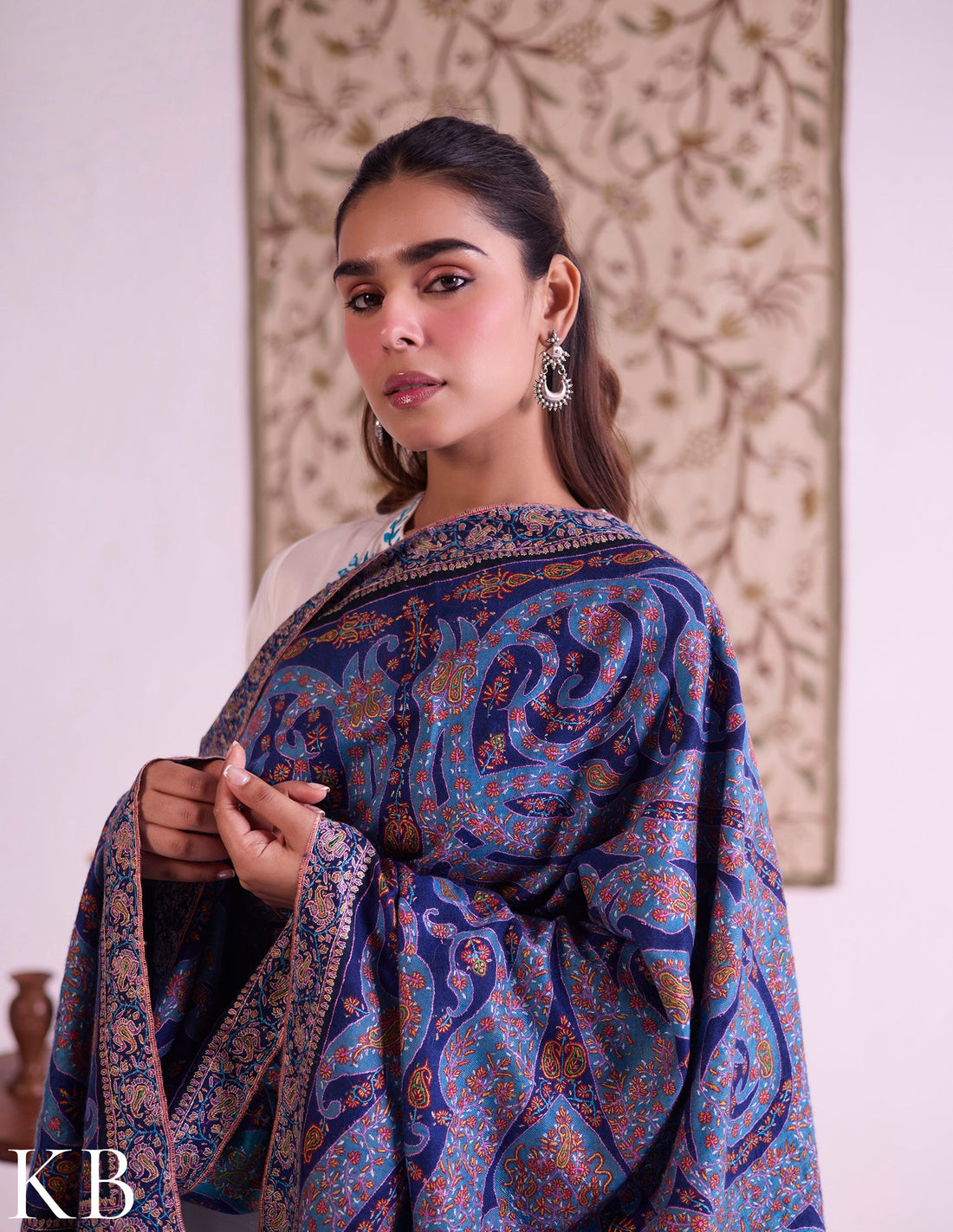 Kashmiri Handwoven Pashmina Jamawar Sozni Shawl – Blue Paisley | Handwoven Heritage