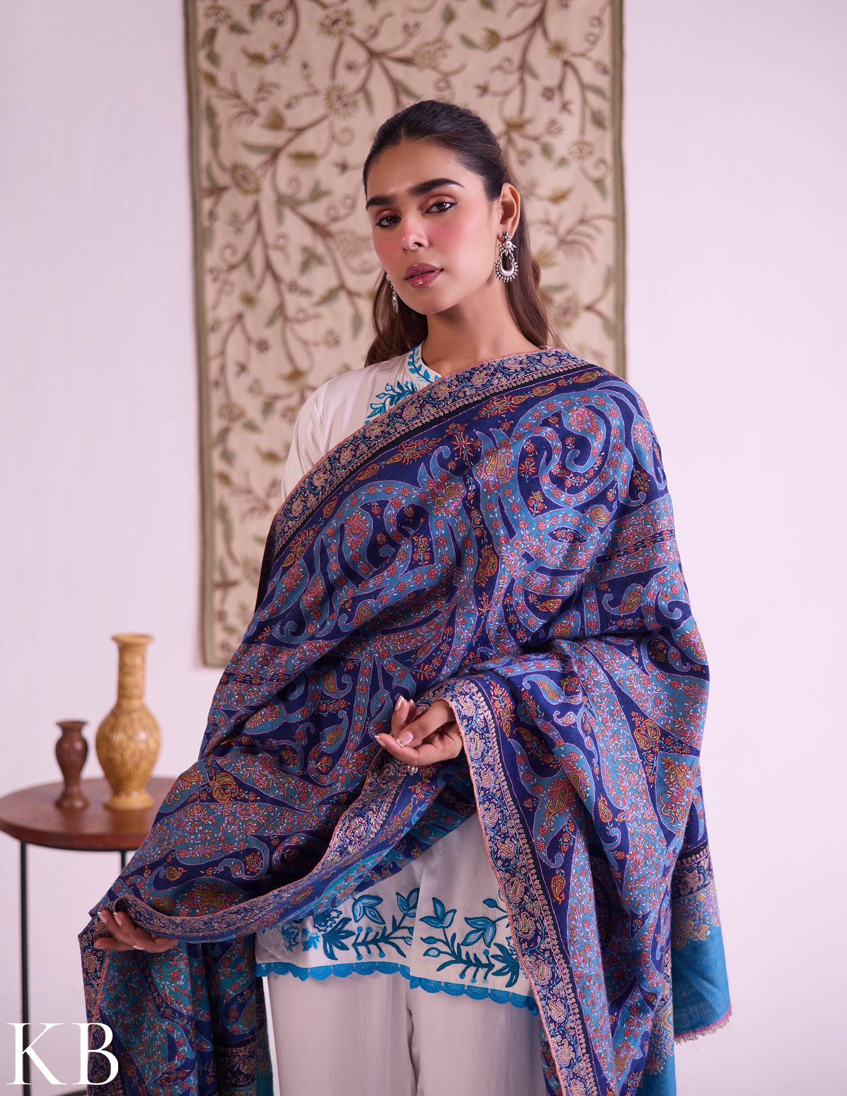 Kashmiri Handwoven Pashmina Jamawar Sozni Shawl – Blue Paisley | Handwoven Heritage