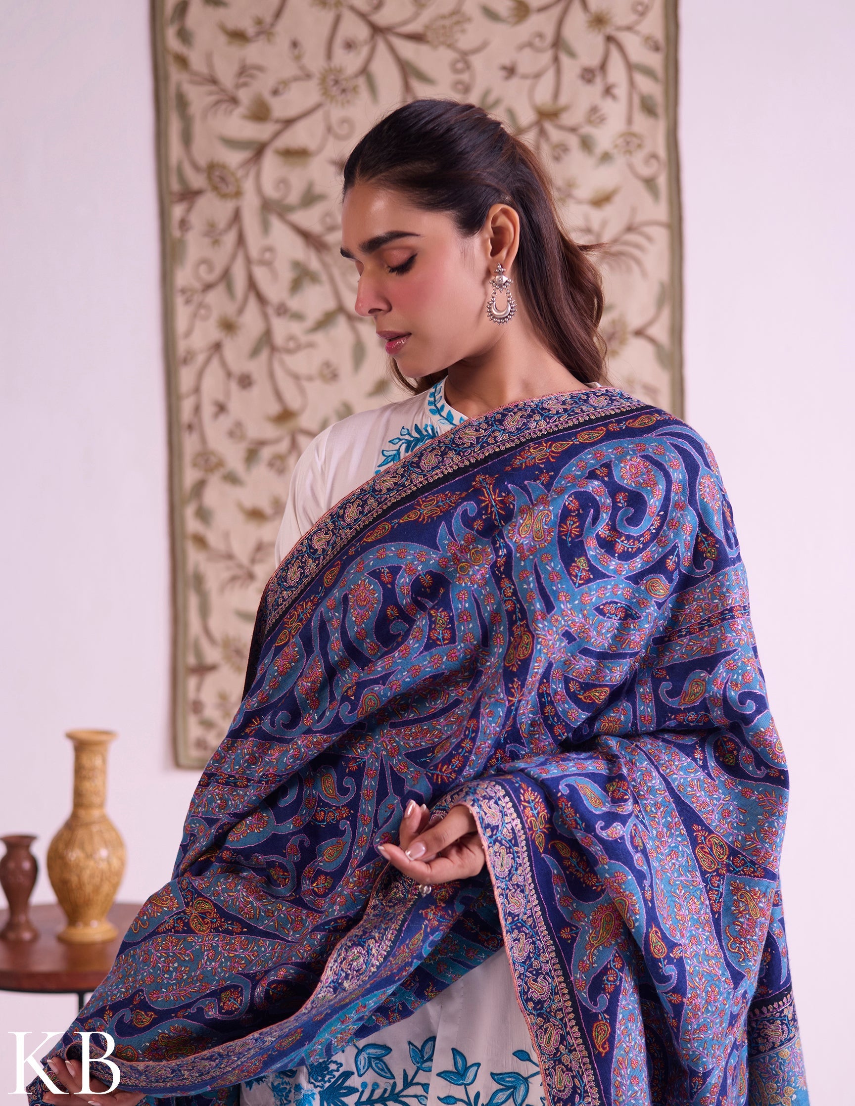 Kashmiri Handwoven Pashmina Jamawar Sozni Shawl – Blue Paisley | Handwoven Heritage