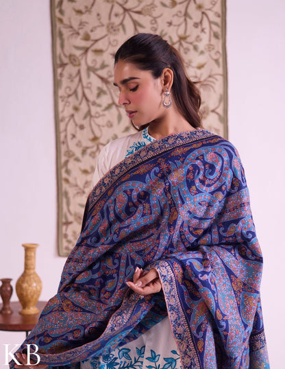 Kashmiri Handwoven Pashmina Jamawar Sozni Shawl – Blue Paisley | Handwoven Heritage