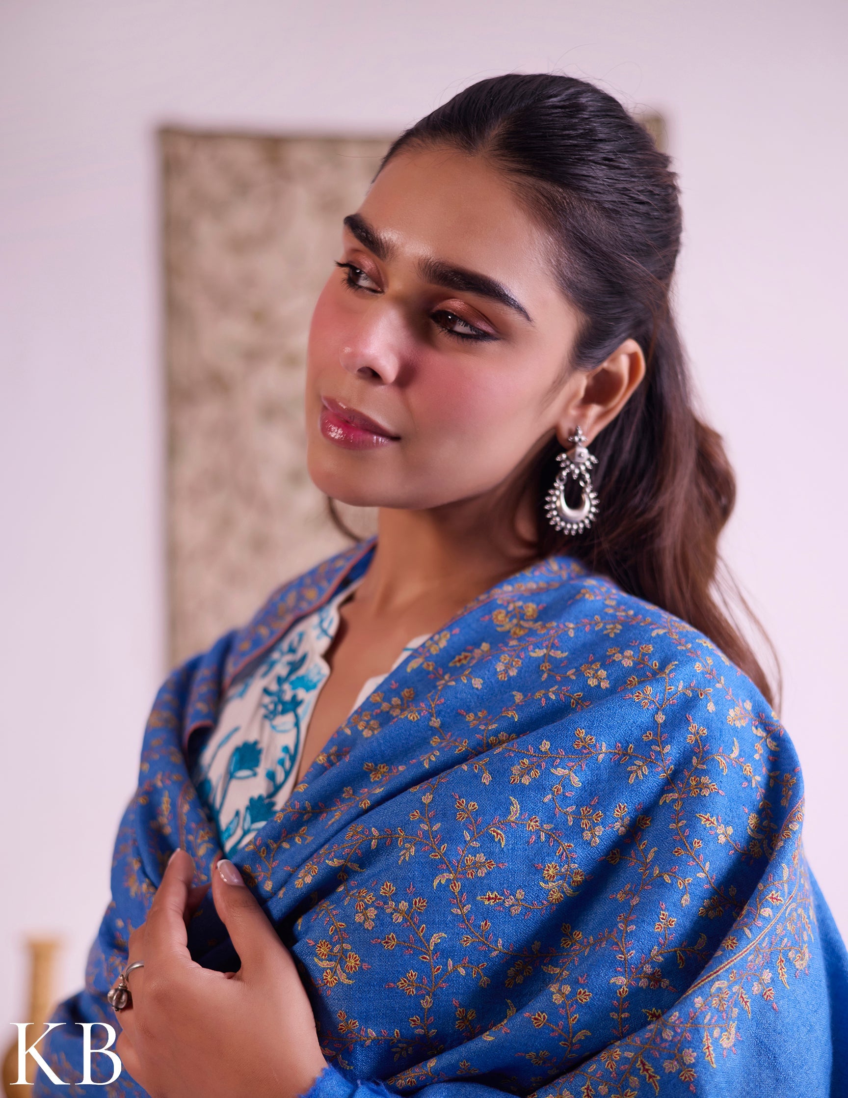Kashmiri Handwoven Pashmina Jaali Sozni Shawl – Sky Blue | Handwoven Heritage