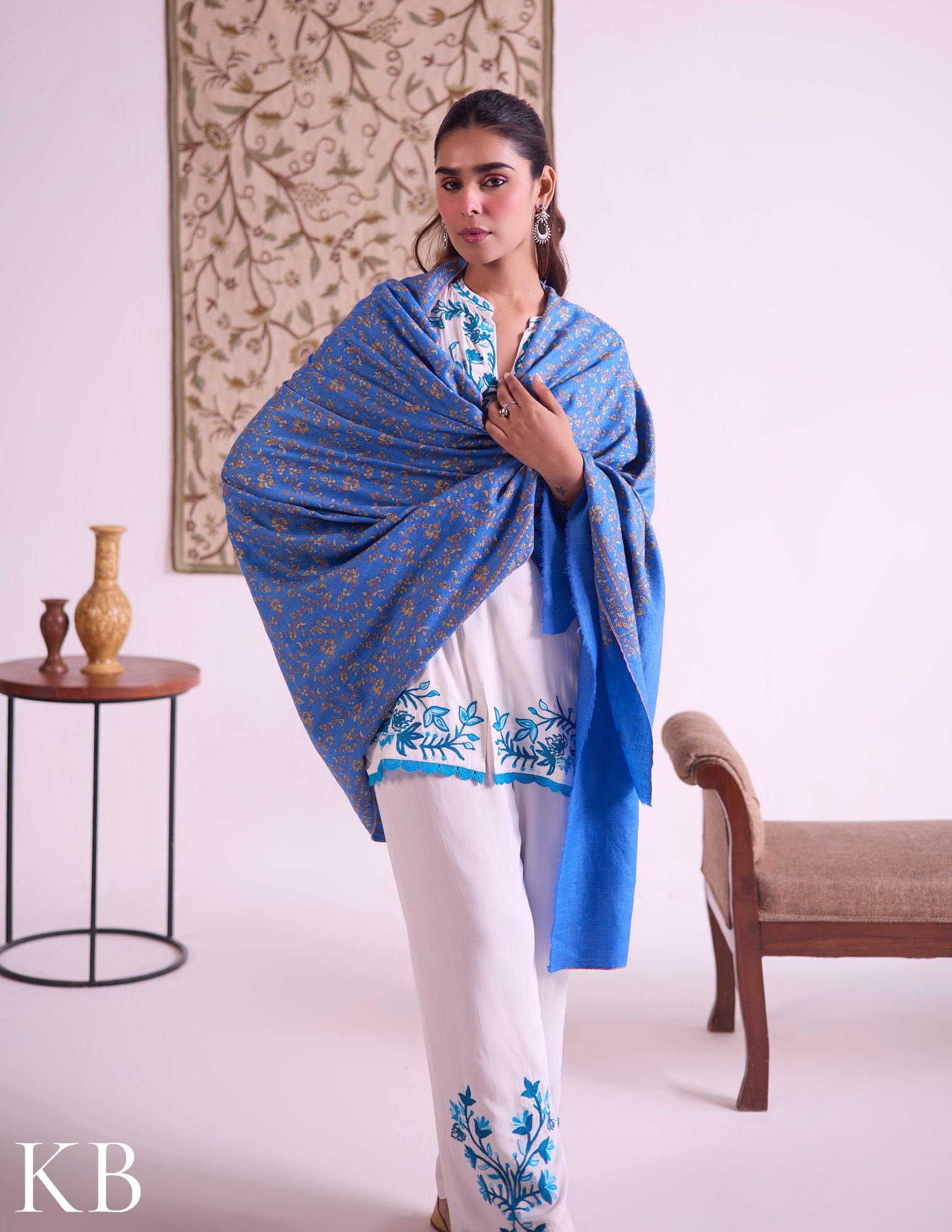 Kashmiri Handwoven Pashmina Jaali Sozni Shawl – Sky Blue | Handwoven Heritage