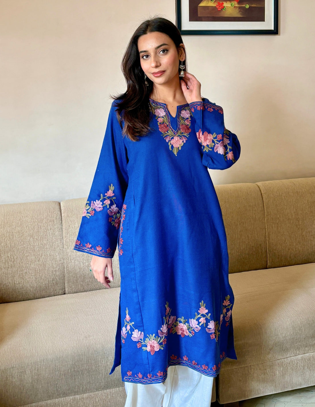 Kashmiri Purple & Green Aari Embroidered Woollen Phiran – Blue | Timeless Winter Wear