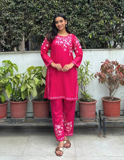 Kashmiri Baby Pink Aari Embroidered Woollen Coordset – Pink | Elegant Winter Wear