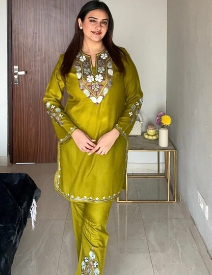 Kashmiri Grey &amp; Brown Aari Embroidered Woollen Coordset – Moong Green | Timeless Style