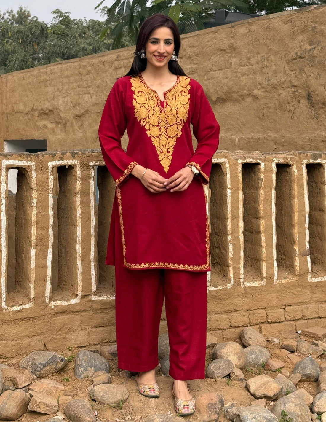 Kashmiri Mustard Aari Embroidered Woollen Coordset – Maroon | Refined Winter Wear