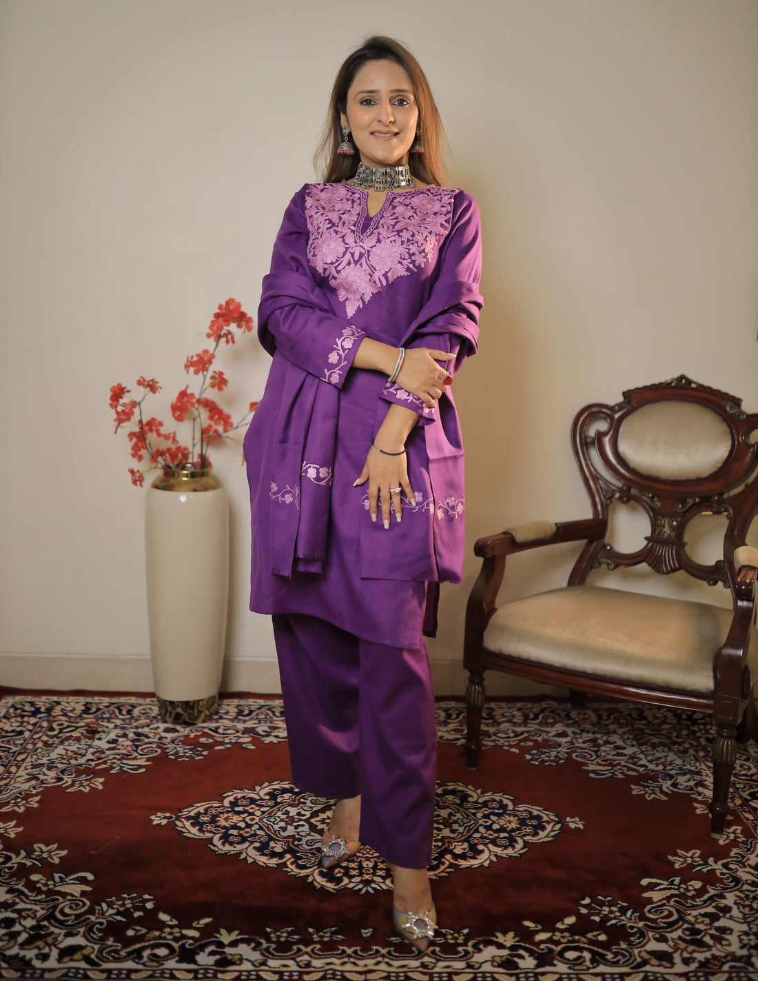 meHER Royal Purple Kashmiri Aari Woollen Co-ord Set
