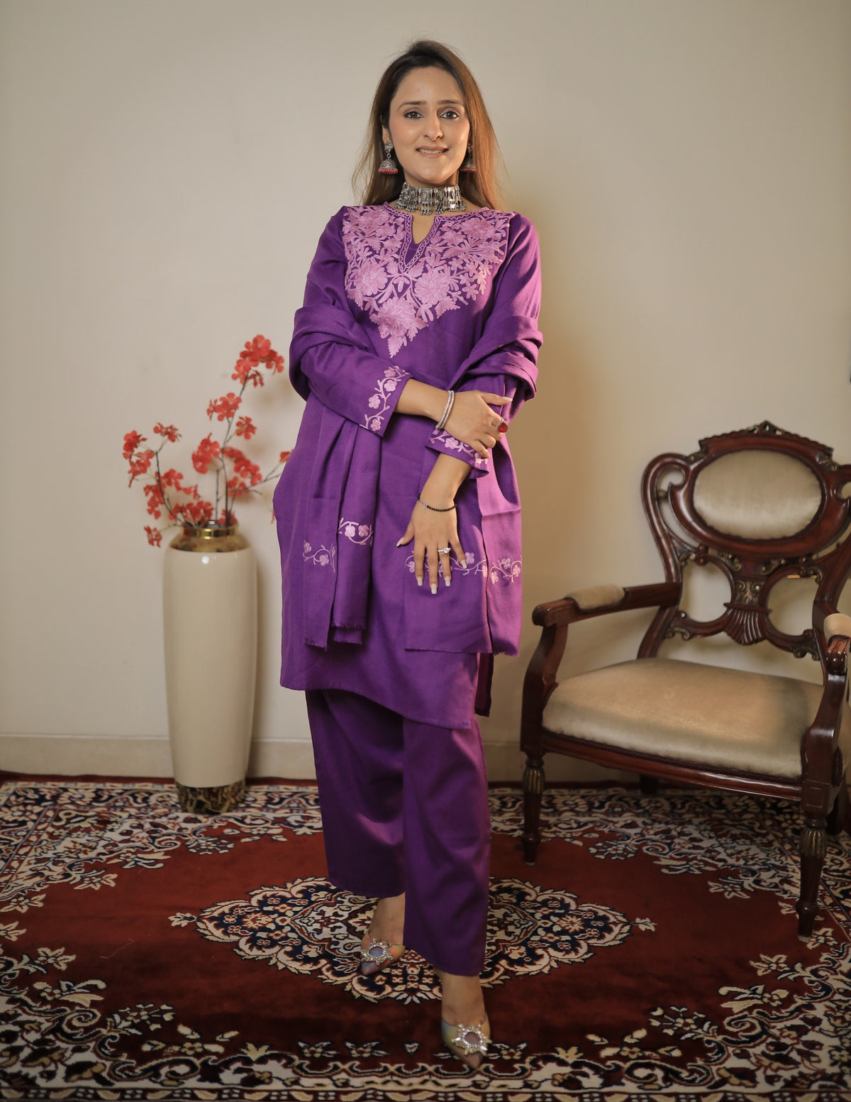 meHER Royal Purple Kashmiri Aari Woollen Co-ord Set