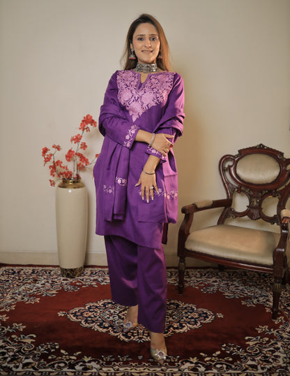 meHER Royal Purple Kashmiri Aari Woollen Co-ord Set