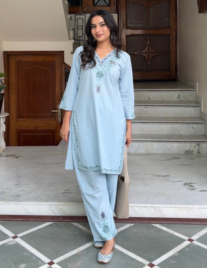 Light Blue Kashmiri Aari Embroidered Cambric Cotton Co-ord Set for Women | Monochrome Ethnic Wear