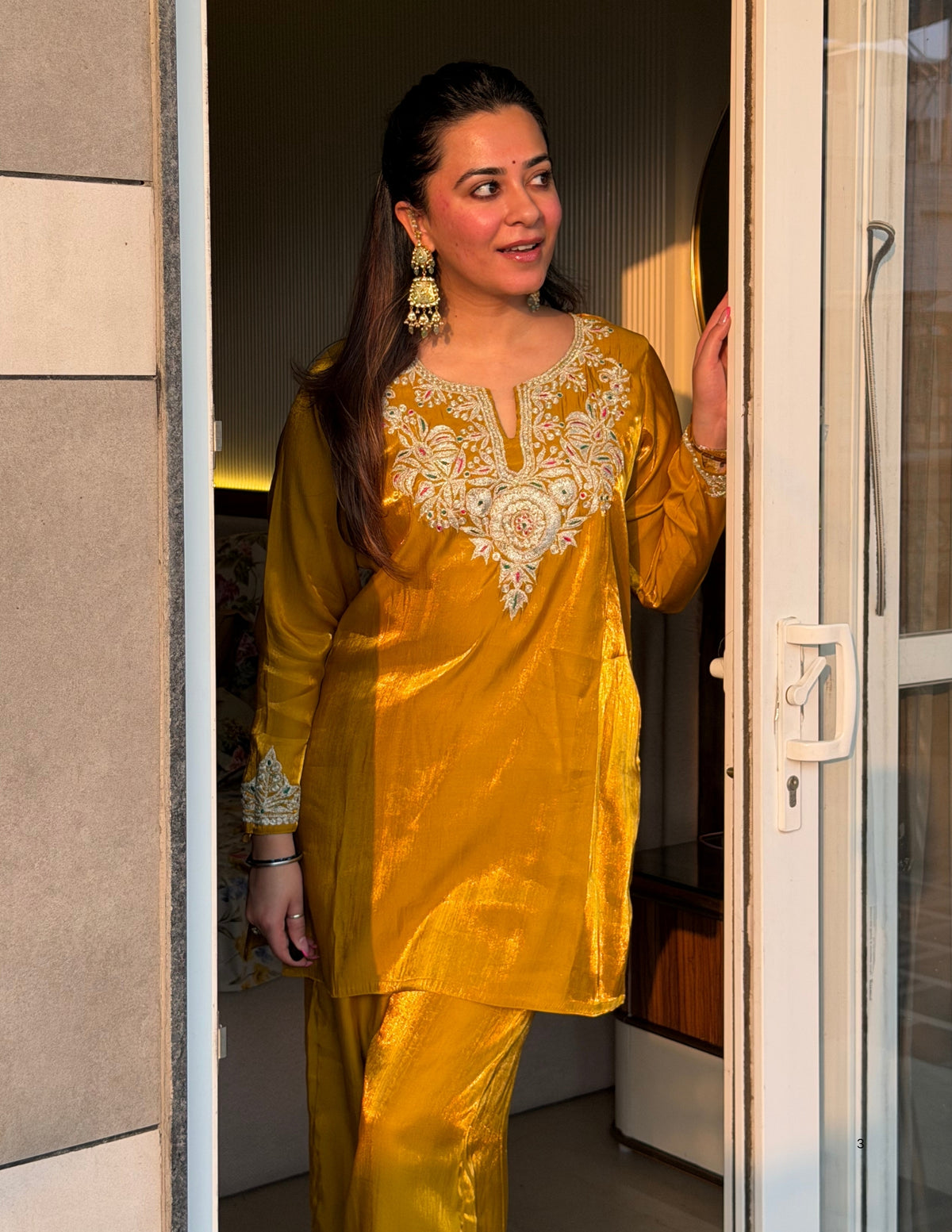 Kashmiri Tilla &amp; Thread Embroidered Silk Co-ord Set – Mustard Yellow