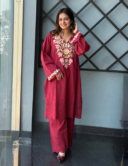 Maroon Schiffli &amp; Aari Embroidered Cambric Cotton Co-ord Set