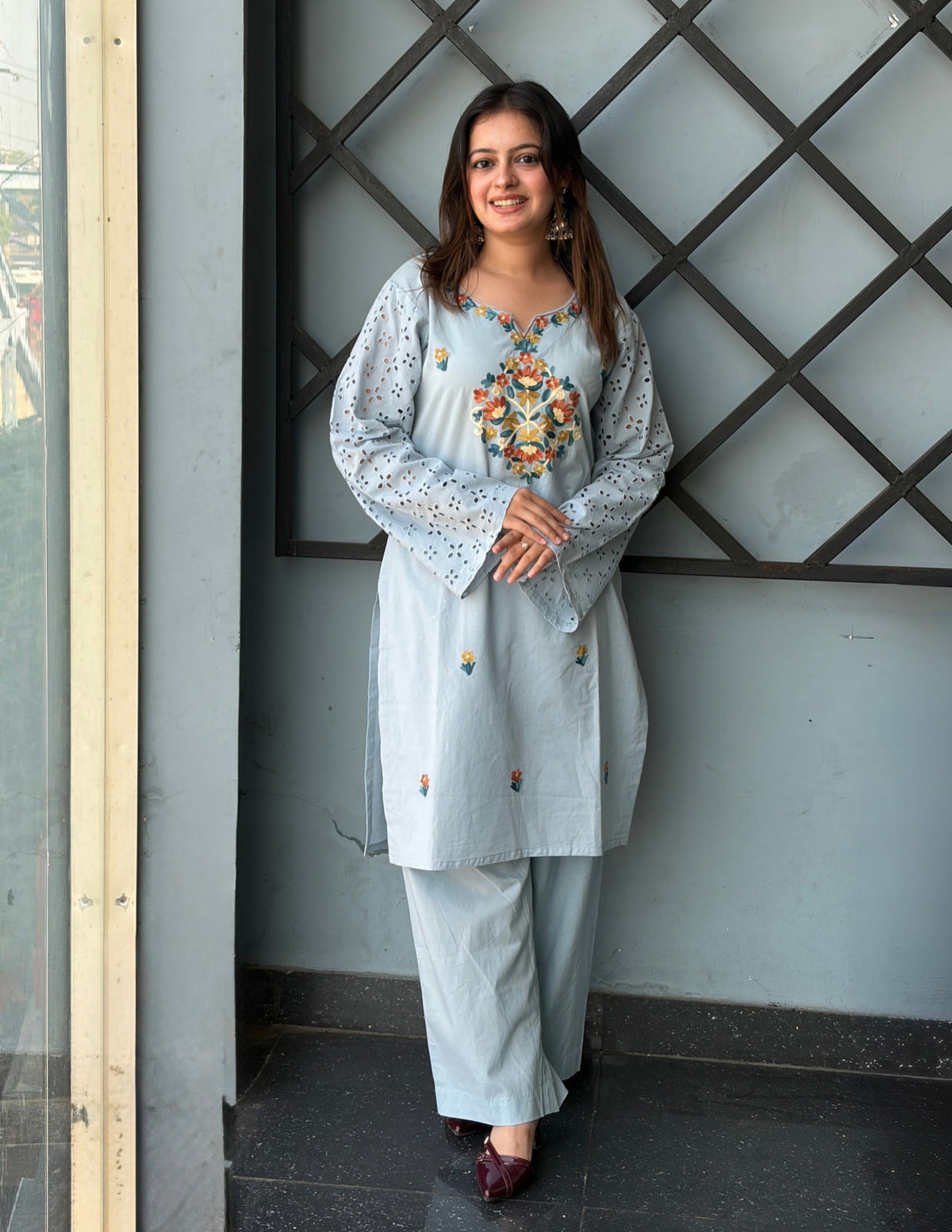 Light Blue Schiffli &amp; Aari Embroidered Cambric Cotton Co-ord Set
