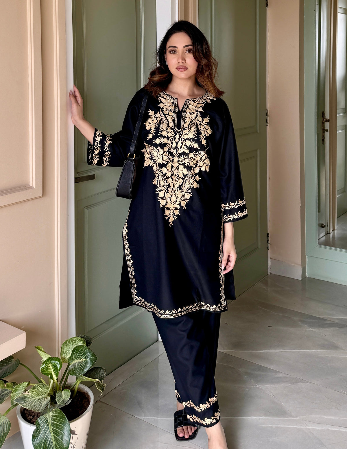 Black Kashmiri Aari Embroidered Ruby Cotton Co-ord Set for Women | Bahaar Collection 2025