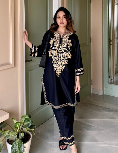 Black Kashmiri Aari Embroidered Ruby Cotton Co-ord Set for Women | Bahaar Collection 2025
