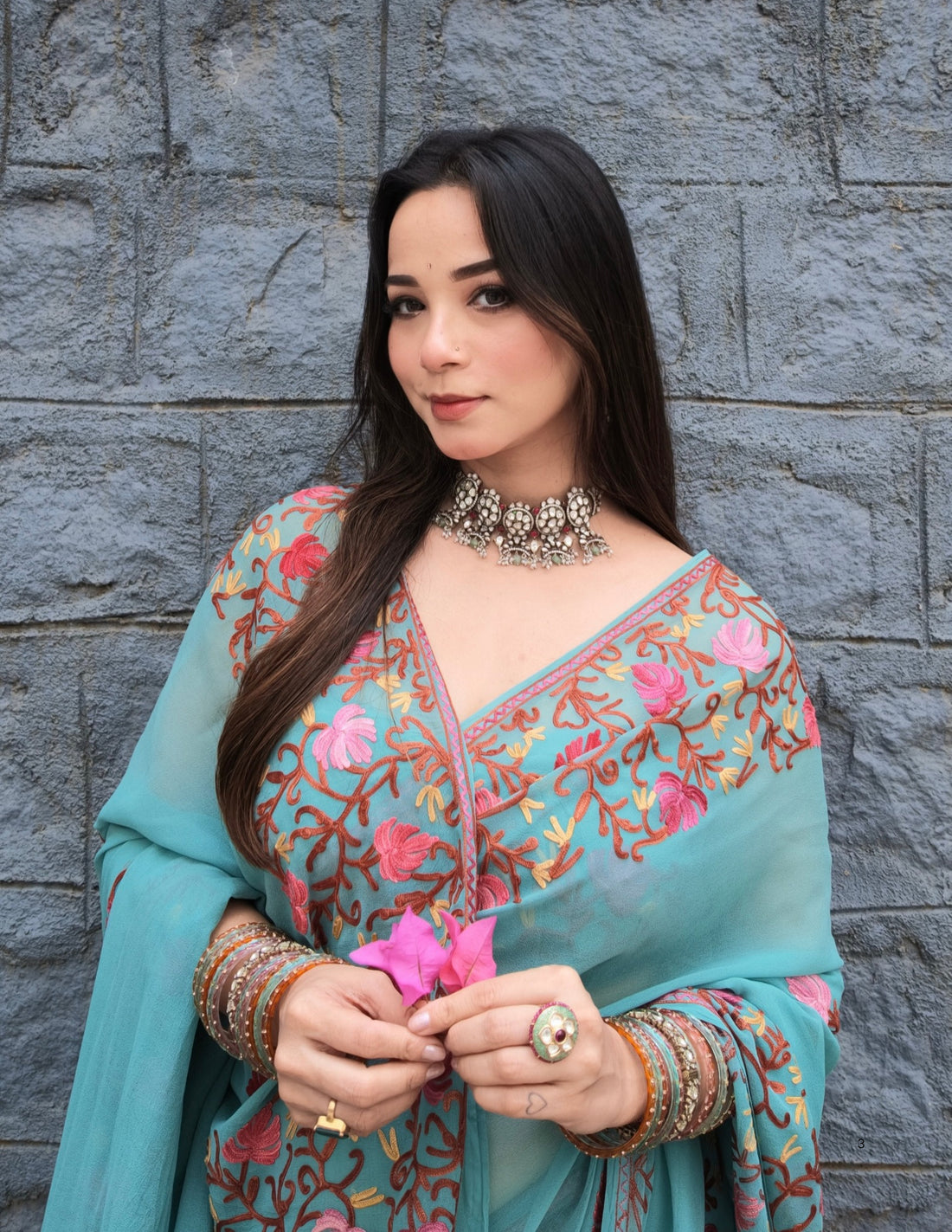 Kashmiri Aari Embroidered Georgette Saree – Teal