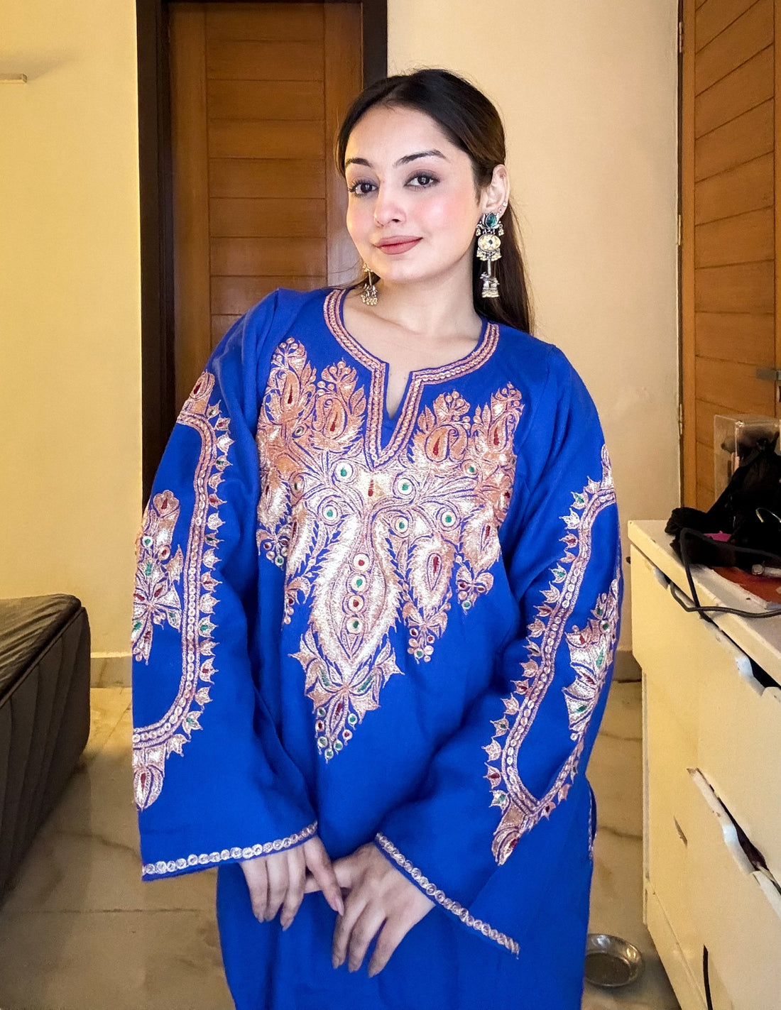 Kashmiri Golden Boti Tilla Embroidered Woollen Phiran – Royal Blue | Handcrafted Heritage