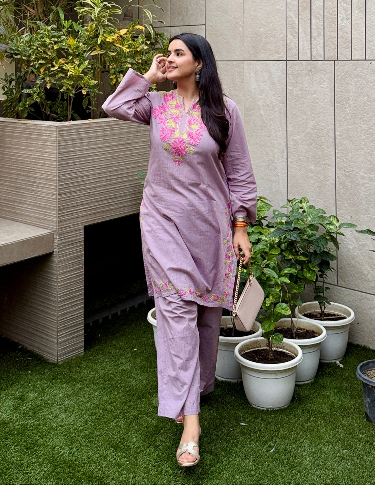 Mauve Kashmiri Aari Embroidered Cambric Cotton Co-ord Set for Women | Feminine Ethnic Wear