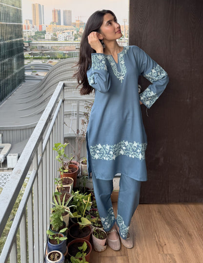 Slate Grey Kashmiri Aari Cotton Co-ord Set for Women | Minimalist Office &amp; Casual Wear