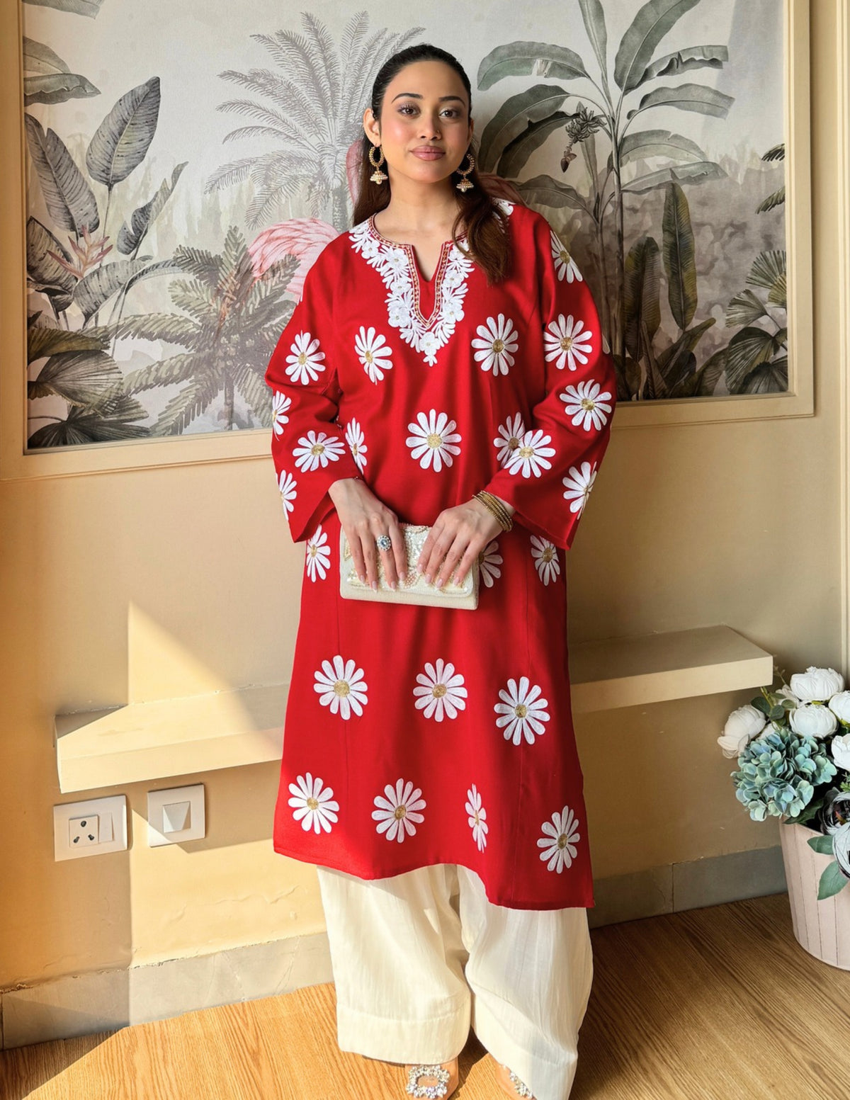 Kashmiri White Aari &amp; Silver Zari Embroidered Woollen Phiran – Maroon | Timeless Winter Wear