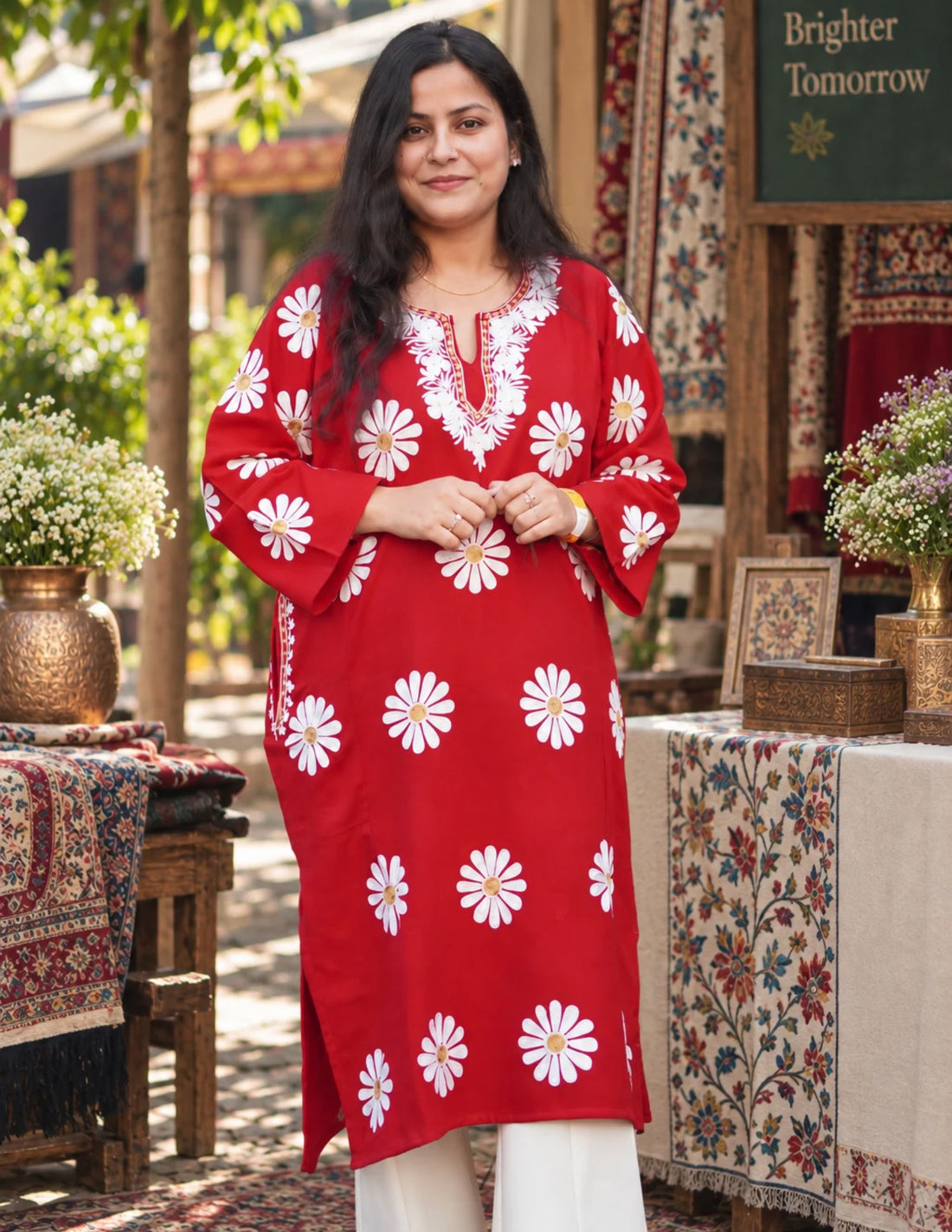 Kashmiri White Aari &amp; Silver Zari Embroidered Woollen Phiran – Maroon | Timeless Winter Wear