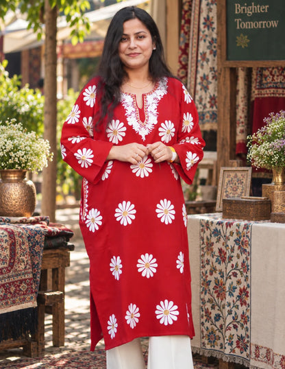 Kashmiri White Aari &amp; Silver Zari Embroidered Woollen Phiran – Maroon | Timeless Winter Wear