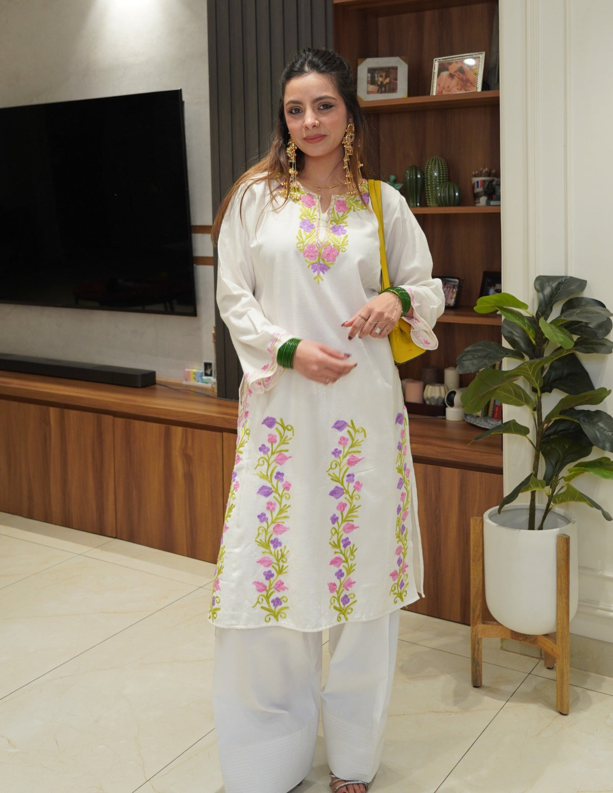 Kashmiri Pink, Green &amp; Purple Aari Embroidered Woollen Phiran – White | Timeless Winter Wear