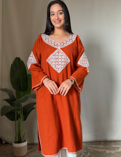 Kashmiri Silver Boti Tilla Embroidered Woollen Phiran – Rust Orange | Handcrafted Heritage