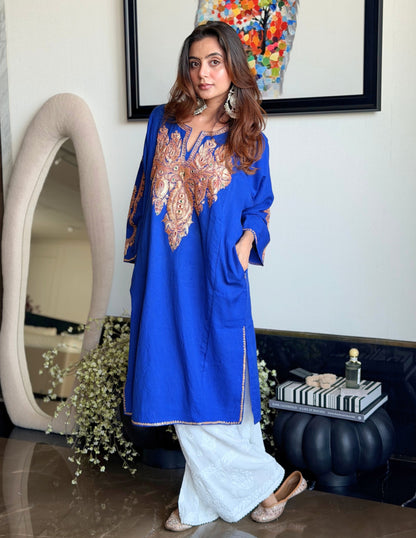 Kashmiri Golden Boti Tilla Embroidered Woollen Phiran – Royal Blue | Handcrafted Heritage