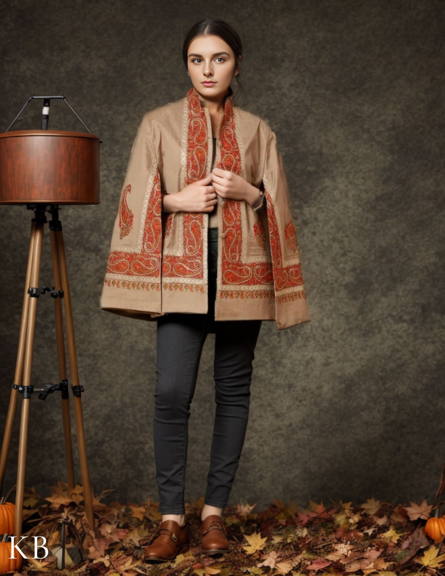 The Oxford Tan Sozni Zari Embroidered Woolen Cape Jacket - Kashmir Box