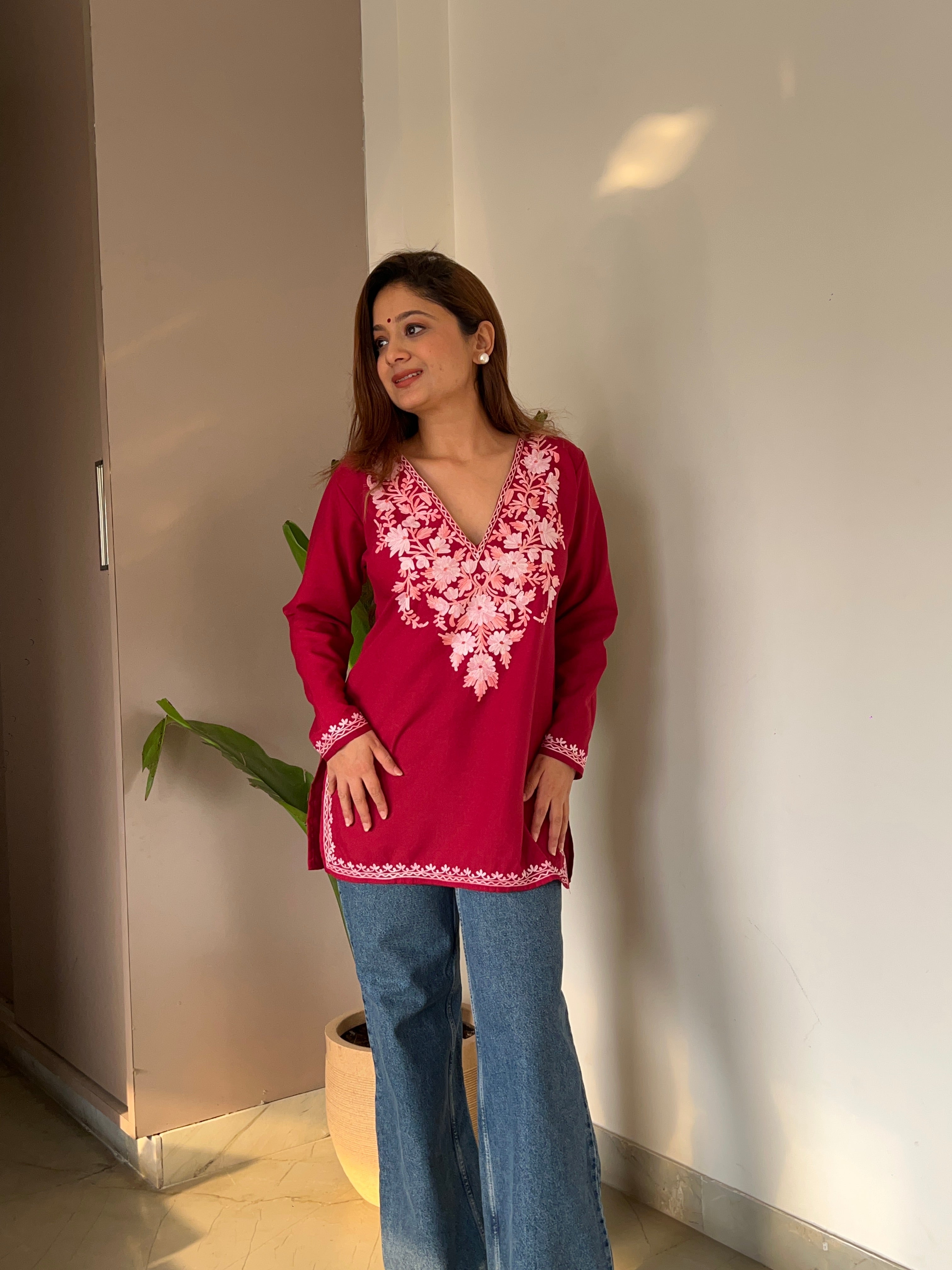 Blush Aari Embroidery Maroon Cotton Top