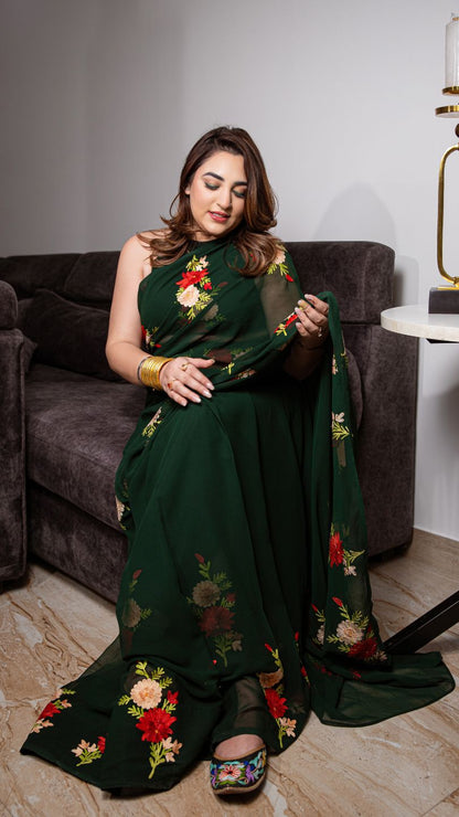 Deep Green Georgette Saree with Posy Aari Border