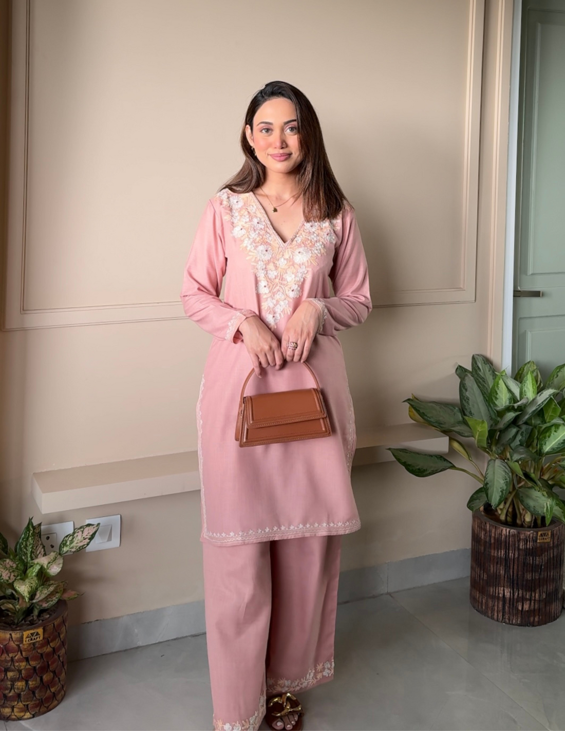 Nigeen Kashmiri Aari Dusky  Pink Co-ord Set