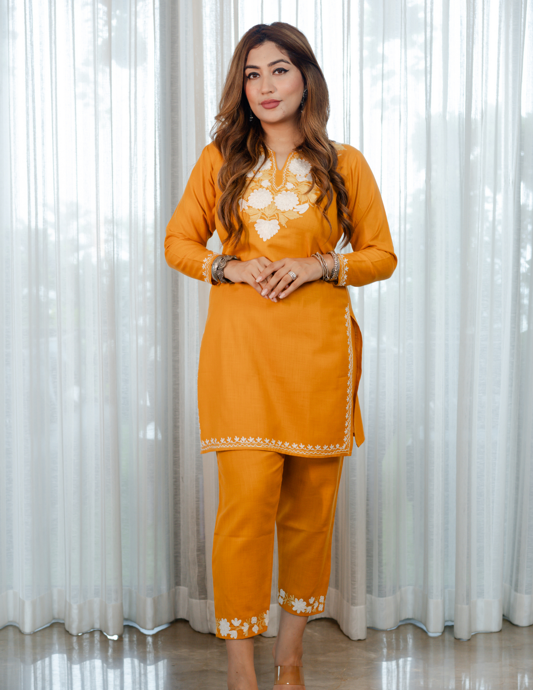 Nigeen Kashmiri Aari Mustard Yellow Co-ord Set