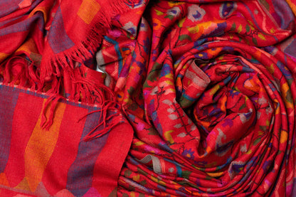 Bold Red Handwoven Kani Pattern Pashmina Shawl