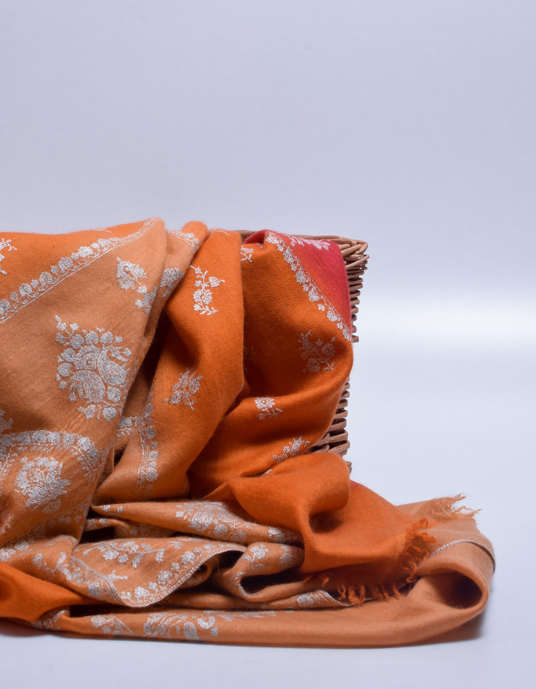 Ombre Orange-Red Handwoven Sozni Embroidered Cashmere Pashmina Stole