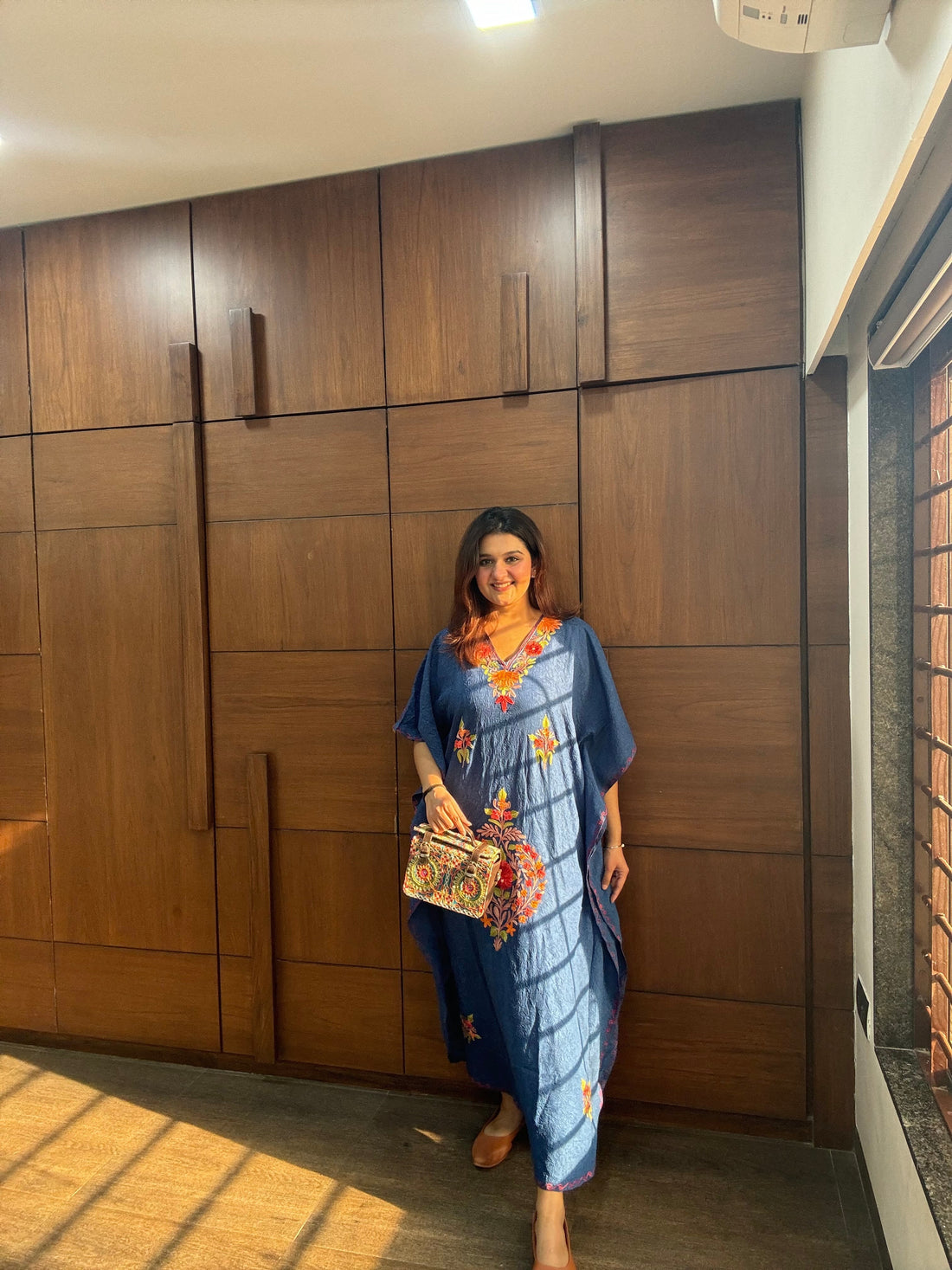 Bloom Embroidered Indigo Summer Cotton Kaftan - Kashmir Box