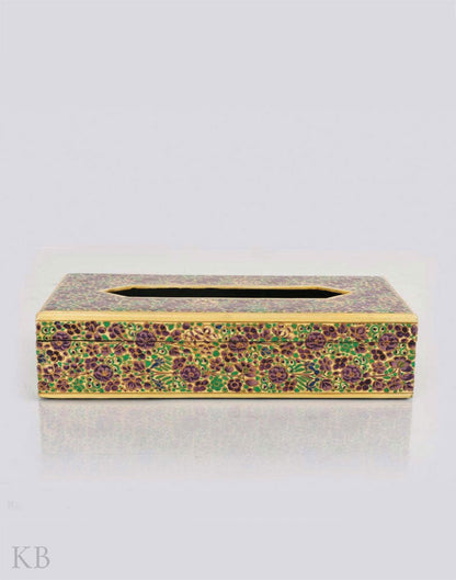 Creme Purple Floral Paper Mache Tissue Box - Kashmir Box