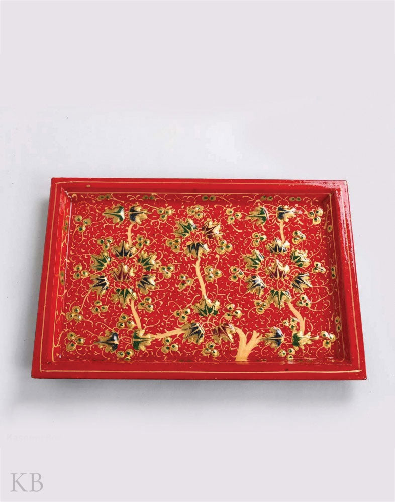 Red Embossed Chinar Paper Mache Tray - Kashmir Box