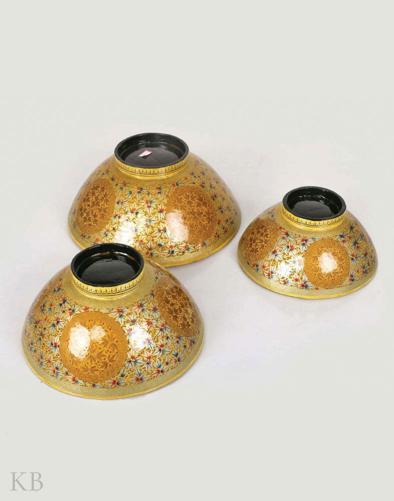 Mustard Handcrafted Paper Mache Bowl (Set of 3) - Kashmir Box